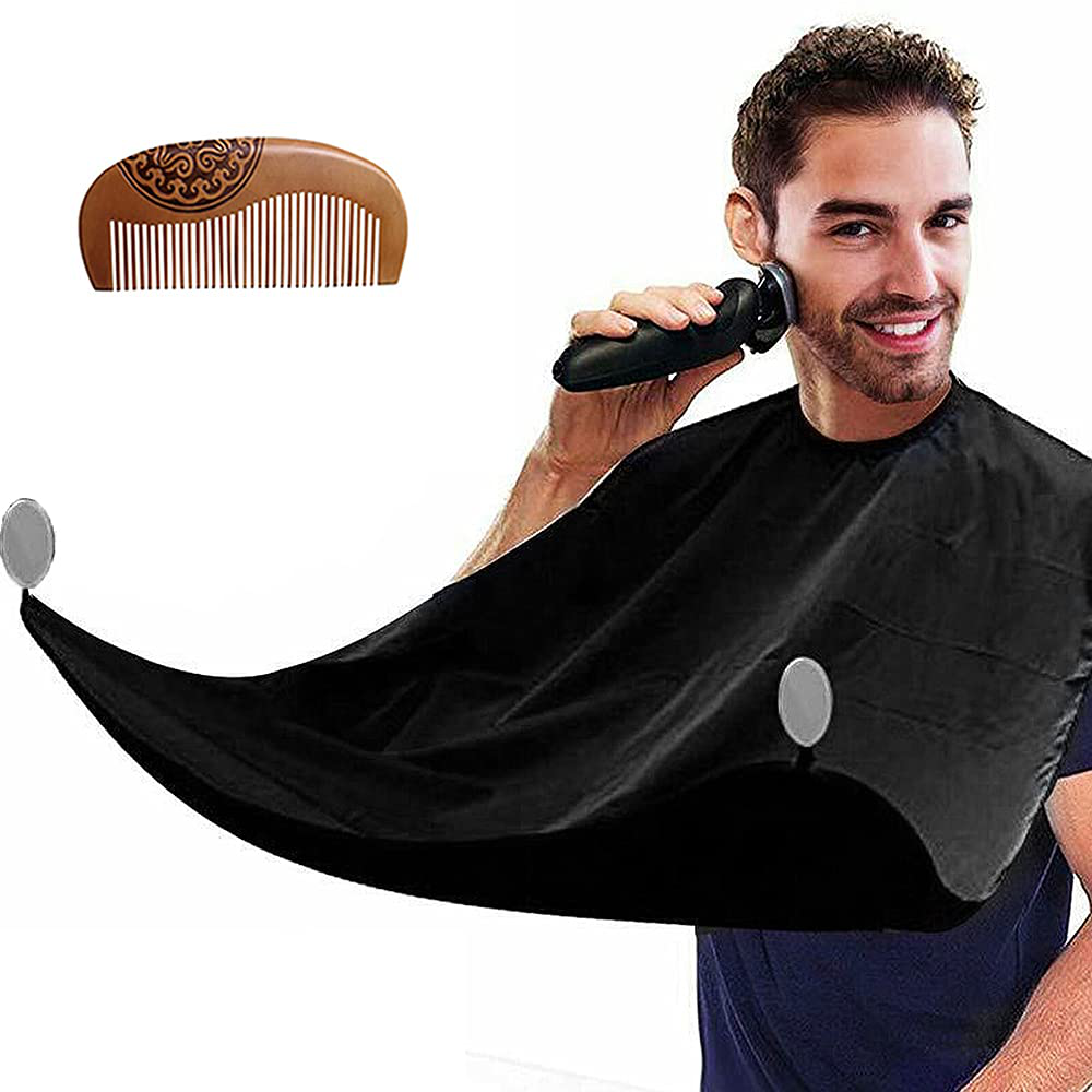 Leaflai Beard Apron, Non-Stick Shaving Hair Catcher for Men with 4 Suction Cups and 1 Hair Comb, Waterproof Beard Bib Cape Grooming Set for Trimming, Best Christmas Gifts for Men - Black