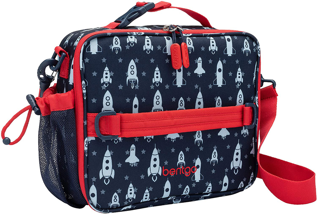 Bentgo Kids Prints Lunch Bag - Double Insulated, Durable, Water-Resistant Fabric with Interior and Exterior Zippered Pockets and External Bottle Holder- Ideal for Children of All Ages (Space)