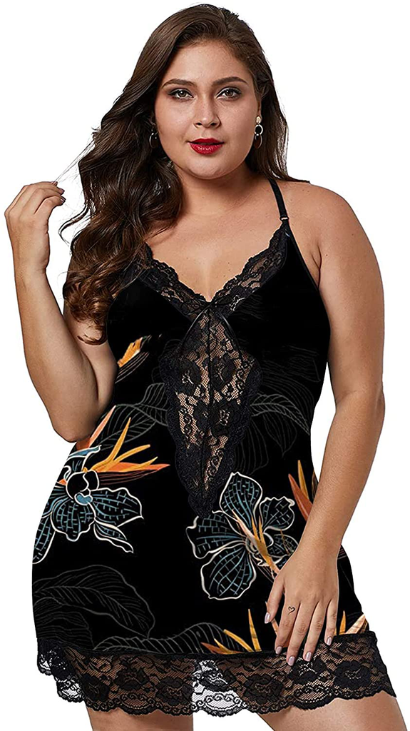 XAKALAKA Women Plus Size Babydoll Lingerie Back Crisscross Lace Trim Chemise Sleepwear