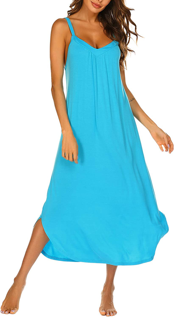 Ekouaer Long Nightgown Sexy Full Slips Sleepwear Summer Sleeveless Nightshirt Loose Chemise Lounge Dresses for Women S-XXL