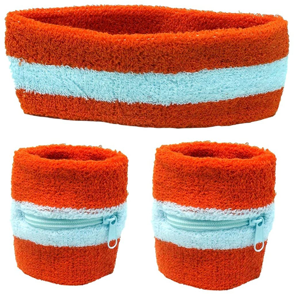 Funny Guy Mugs Unisex Sweatband Set (3-Pack: 2 Wristbands with Zipper/Wrist Wallet & 1 Headband)