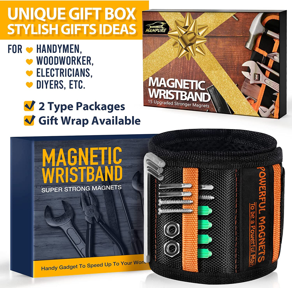 HANPURE Tool Gifts for Men Stocking Stuffers - Magnetic Wristband for Holding Screws, Wrist Magnet, Gifts for Dad Father Husband Him, Gadget Tool Men Women Magnetic Tool Gift for Carpenter,Woodworker (Yellow)