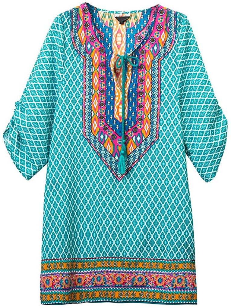 Women Bohemian Neck Tie Vintage Printed Ethnic Style Summer Shift Dress
