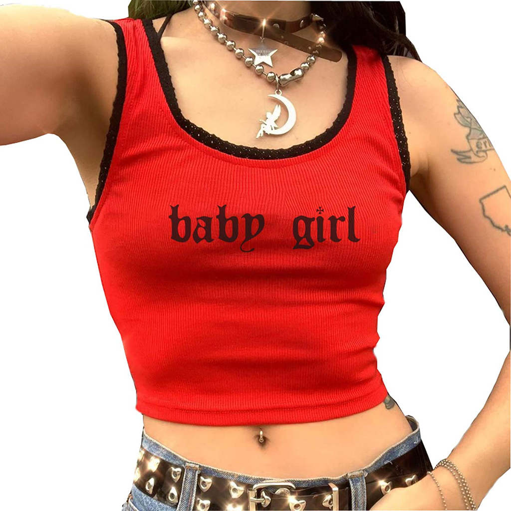 Women's Aesthetic Graphic Print Camisole Y2K Crop Top E-Girl Camis Vest Tee Shirt Top Girls Cute Tank Top Streetwear