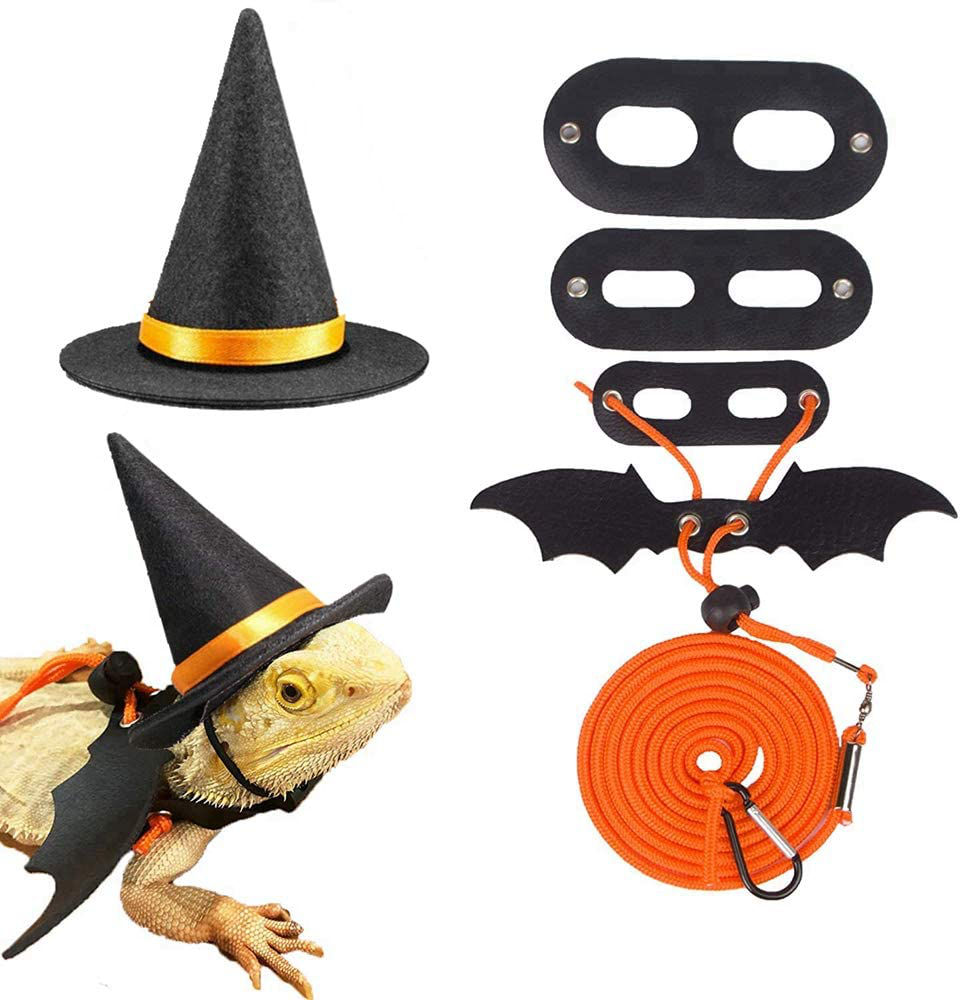 HAICHEN TEC Bearded Dragon Leash Harness with Wizard Hat Halloween Costume Set,3 Size Pack Bat Wing with 6.2FT Leash for Lizard Reptile Halloween,Holiday,Party,Photos Small Animal Clothes Outfit