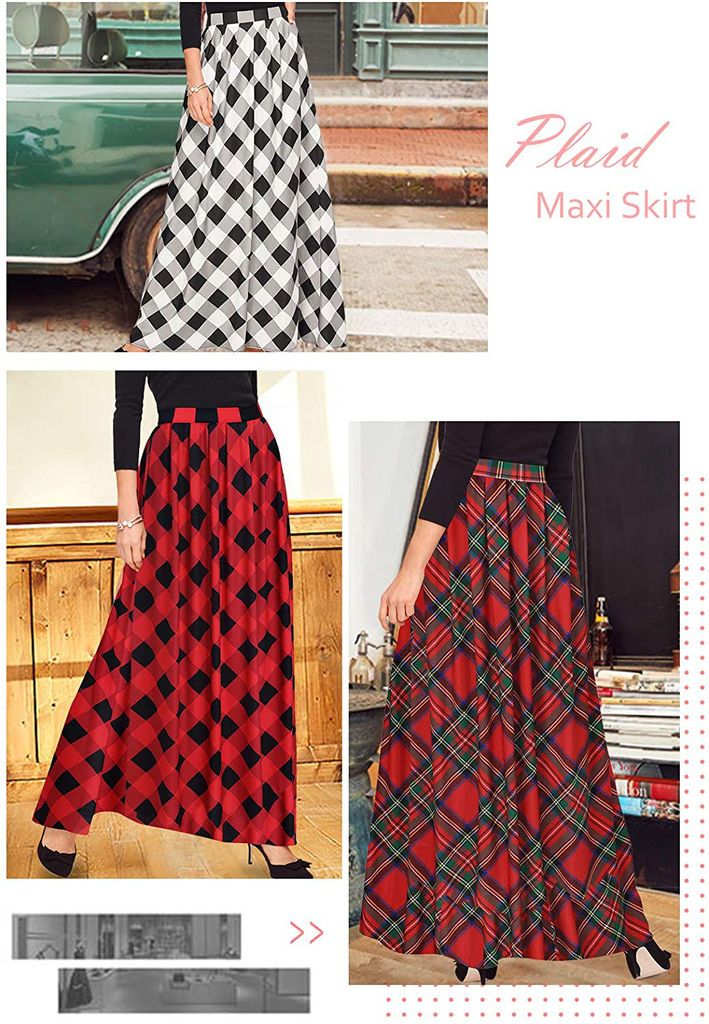 Zattcas Womens Buffalo Plaid High Elastic Waist Pleated Maxi Skirt with Pockets