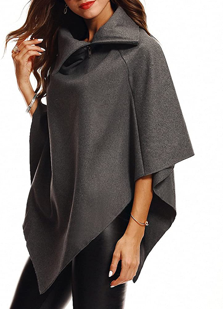 Afibi Womens Solid Wool Hooded Turn-Down Poncho Jacket Cloak Coat