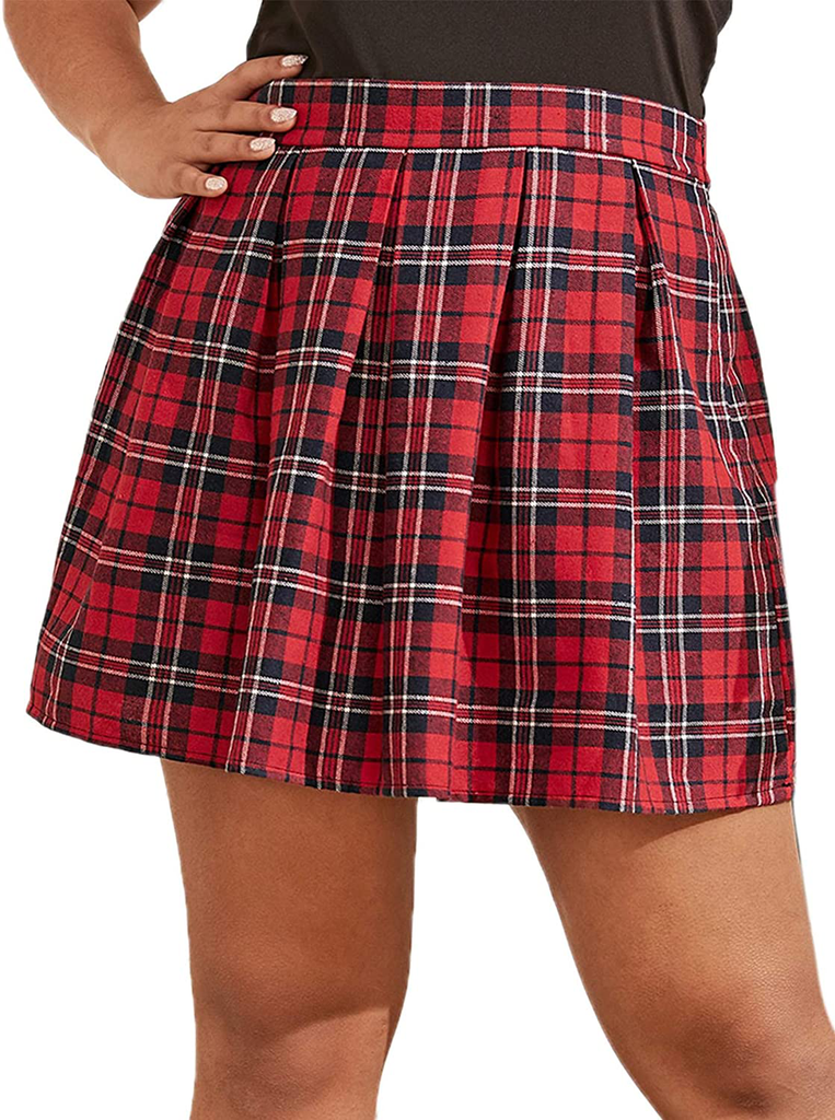 SheIn Women's Plus Size Basic Plain Grid Flared Skater Mini Short Skirt Black Large Plus