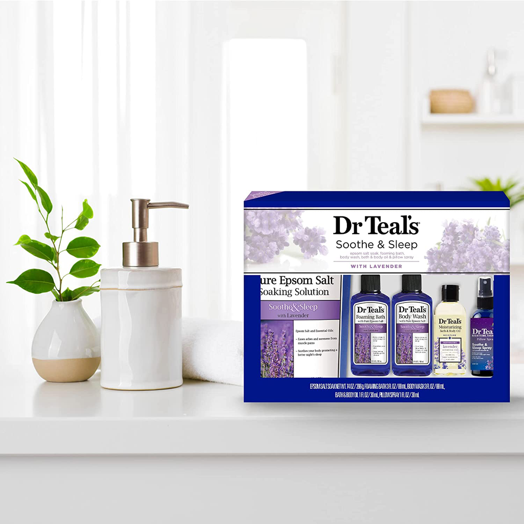 Dr Teal'S Lavender Soothe & Sleep Full Regimen 5-Piece Gift Set (Epsom Salt Soaking Solution, Foaming Bath, Body Wash, Moisturizing Bath & Body Oil, Pillow Spray)