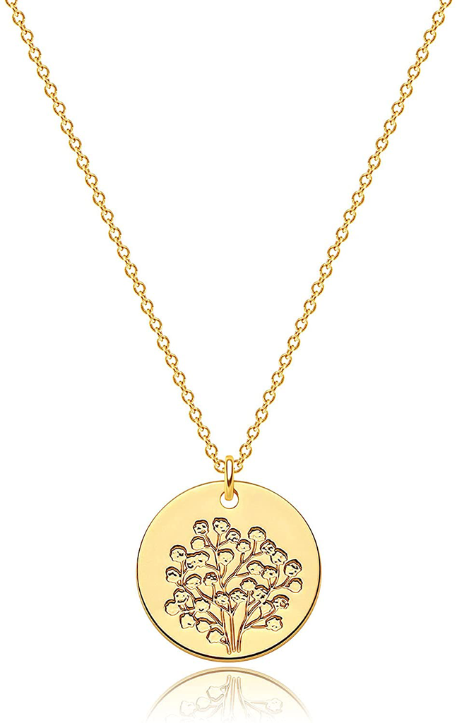 MEVECCO Birth Flower Necklace 18K Gold Engraved Custom Floral Pendant Necklaces Dainty Birth Month Flower Disc Charm Hand Stamped Flower Disk Necklace Personalized Jewelry Birthday Gift for Her