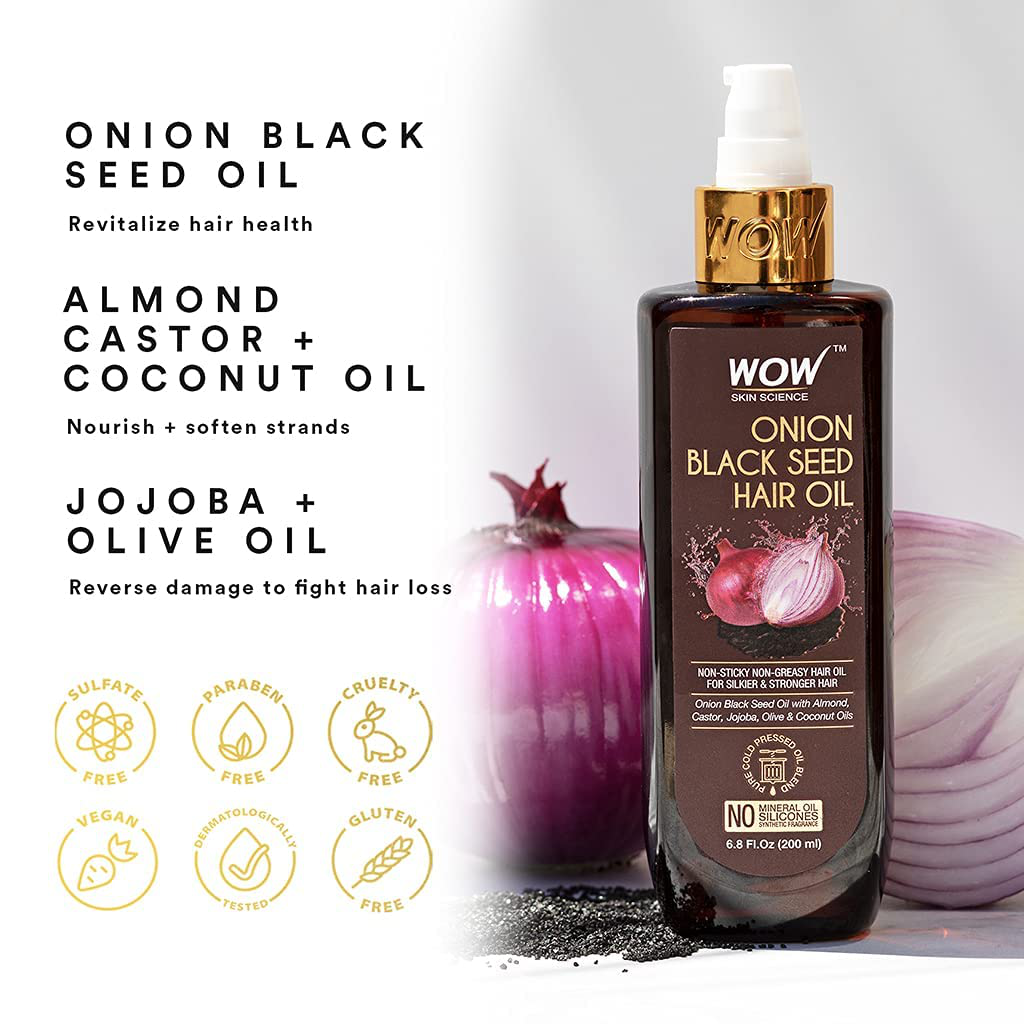 Onion Black Seed Hair Oil for Natural Hair Care and Growth, Essential Vitamins Almond, Castor, Jojoba, Olive & Coconut Oils for Dry Scalp and Hair, 200Ml, 6.76 Fl Oz (Pack of 1)