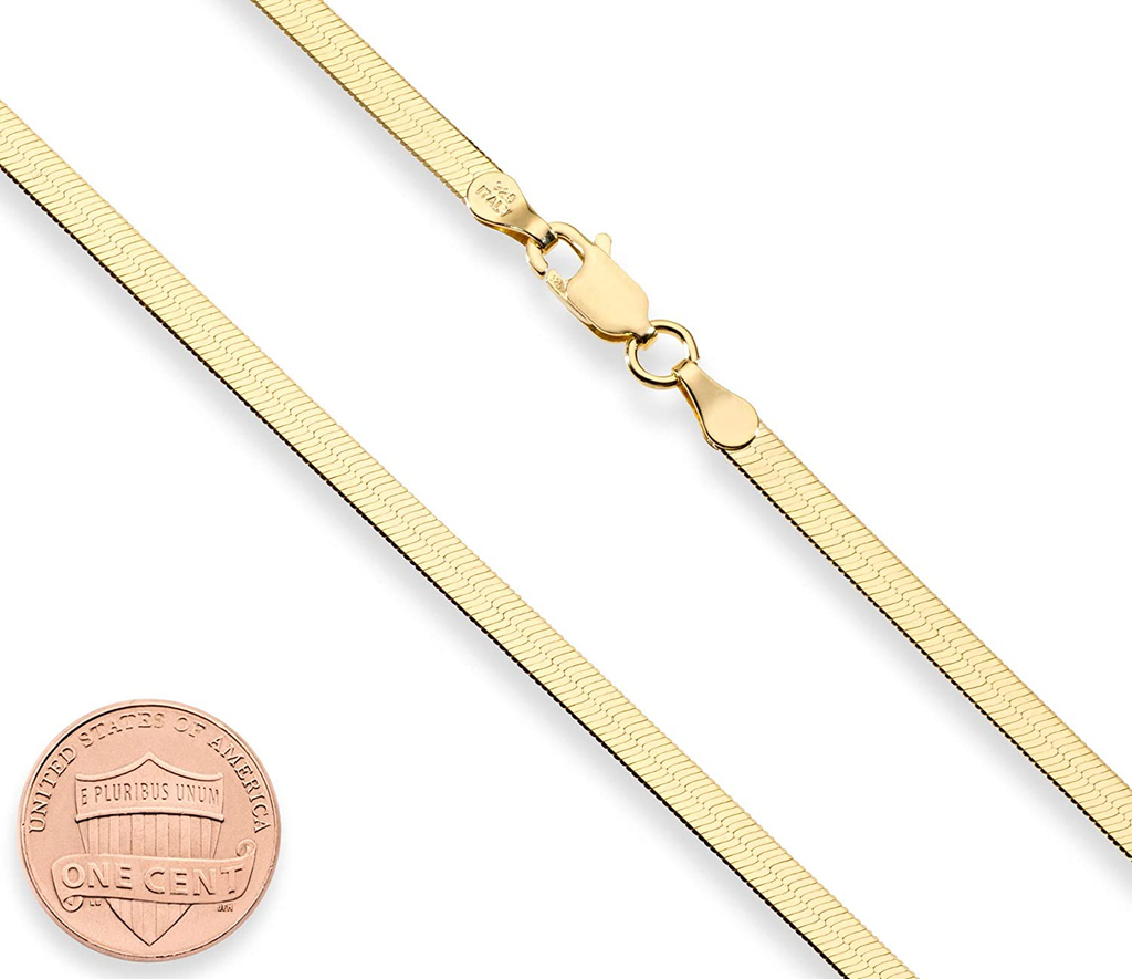 Miabella 18K Gold over Sterling Silver Italian Solid 3.5Mm Flexible Flat Herringbone Chain Necklace for Women Men 16, 18, 20, 22, 24, 26, 30 Inch Made in Italy