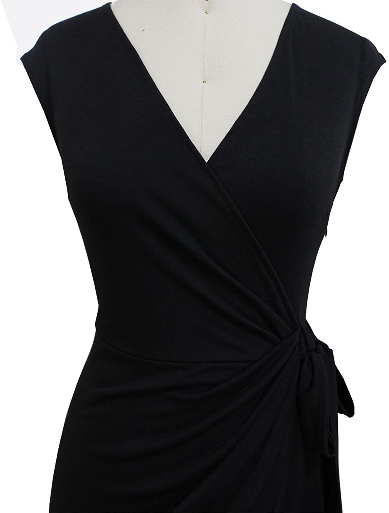 Berydress Women's Vintage V-Neck Sheath Casual Party Work Faux Black Wrap Dress