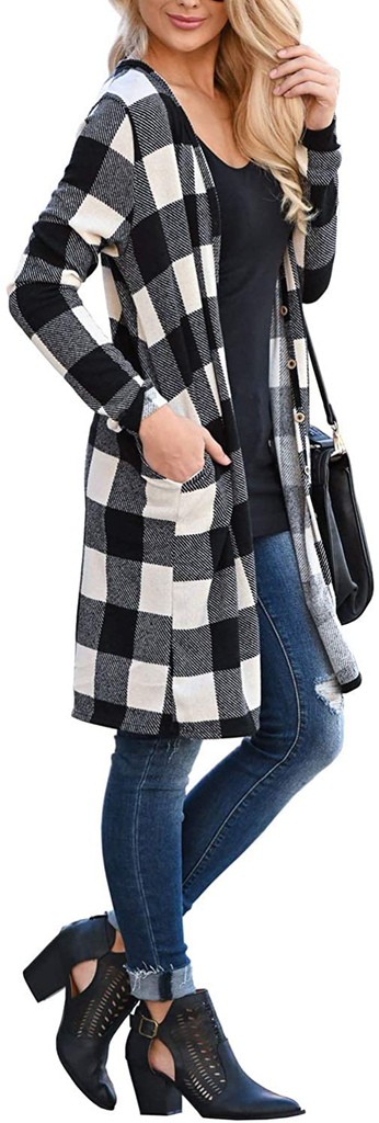 Dressmine Women's Long Sleeve Open Front Cardigan Buffalo Plaid Knitted Maxi Sweater Coat Outwear