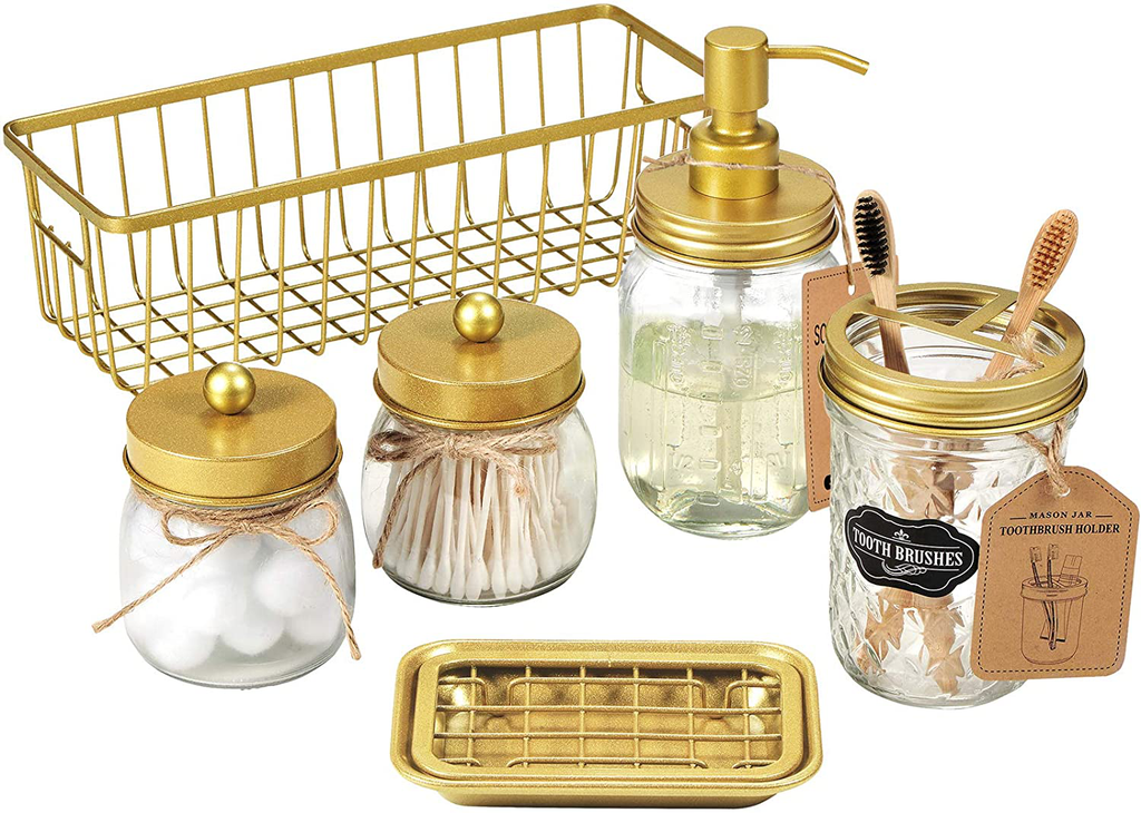 Premium Mason Jar Bathroom Accessories Set (6PCS) - Lotion Soap Dispenser,Toothbrush Holder,2 Apothecary Jars, Soap Dish Tray,Storage Organizer Basket Bin - Rustic Farmhouse Home Decor (Gold)