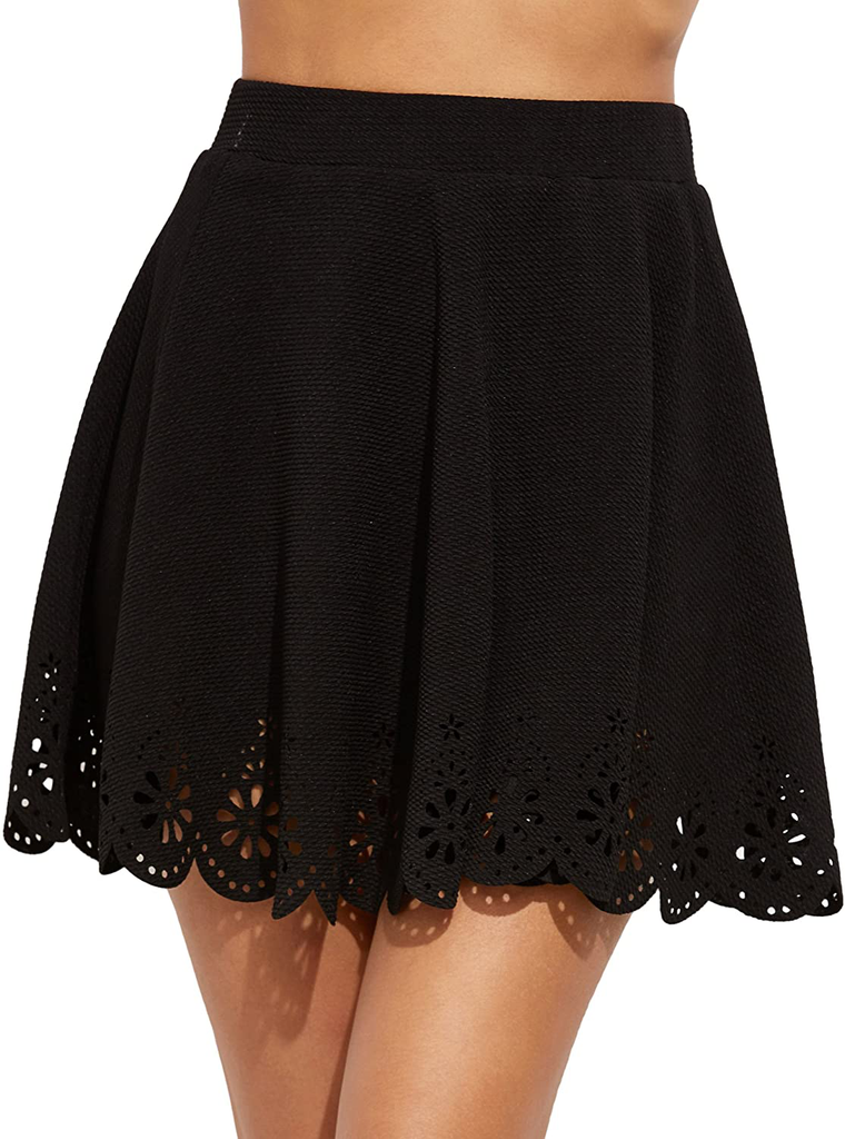 SheIn Women's Basic Solid Cutout Scallop Hem Flared Mini Skater Skirt