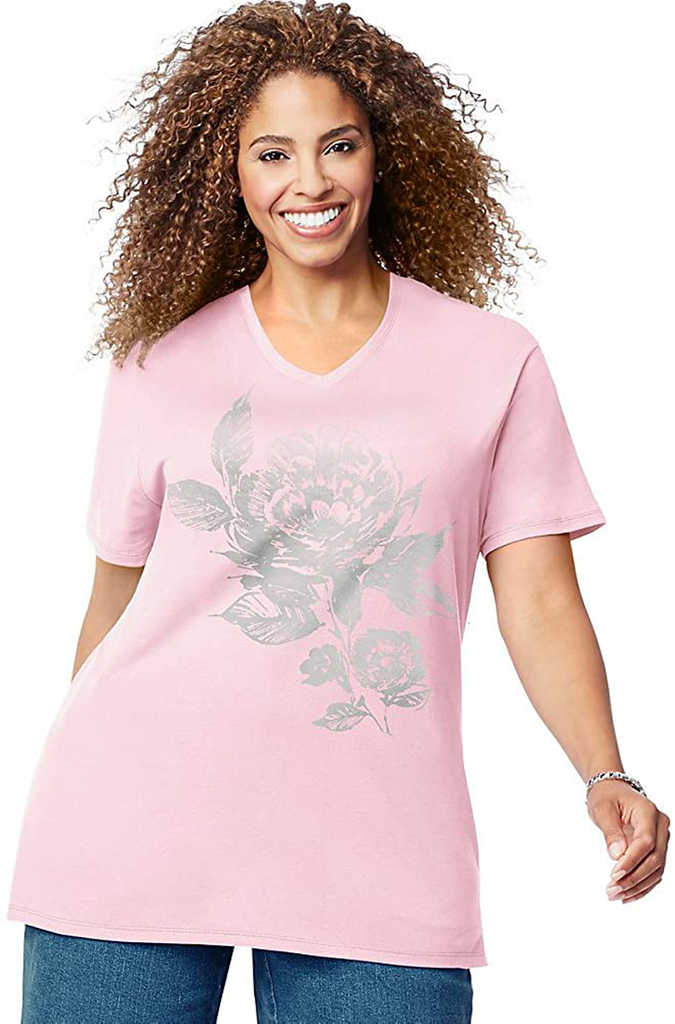 JUST MY SIZE Women's Size Plus Printed Short-Sleeve V-Neck T-Shirt