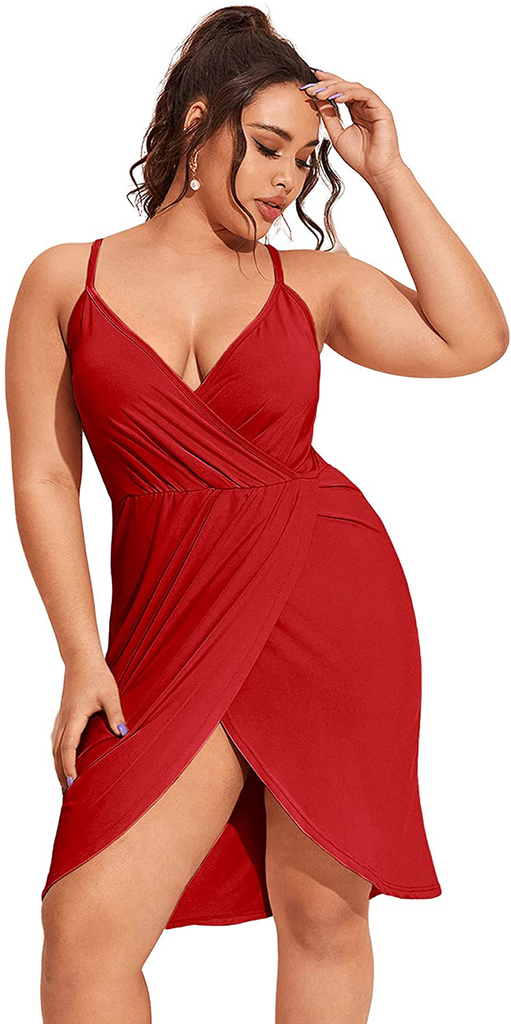Romwe Women's Plus Size Sexy Wrap Deep V-Neck Split Summer Spaghetti Strap Sleeveless Party Mini Cami Dress