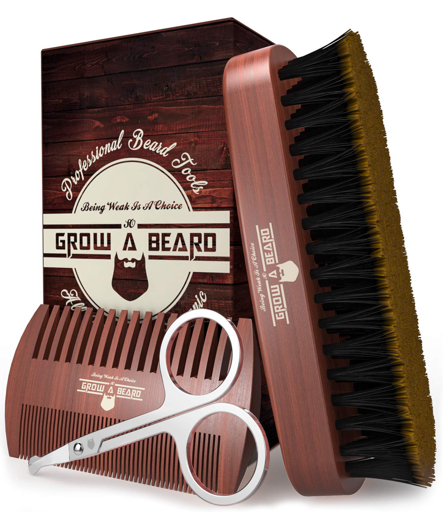 Beard Comb for Men & Beard Brush Set W/ Mustache Scissors Grooming Kit, Natural Boar Bristle Brush, Dual Action Wood Comb, Great for Christmas Gift