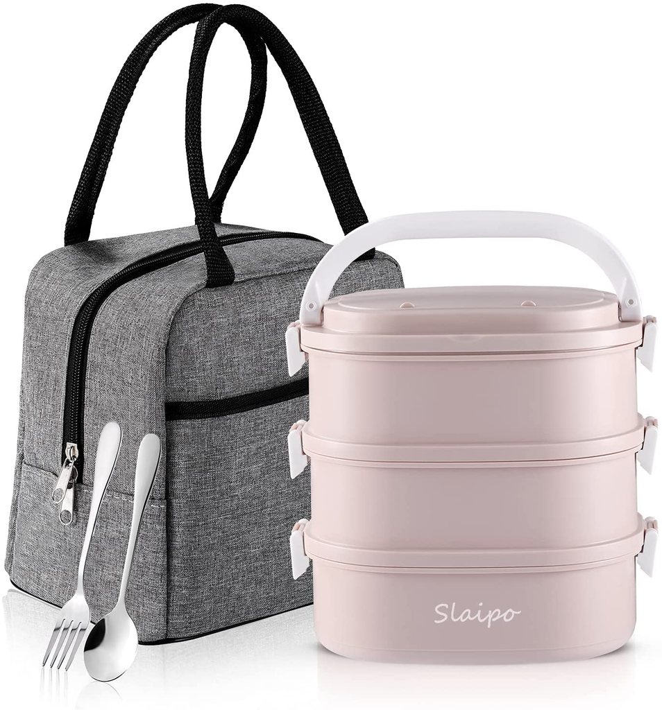 Bento Box, Slaipo 3-In-1 Lunch Box with Insulated Lunch Bag Fork Spoon, Built-in Stainless Steel Container, and Sealing Lids, Stackable Leak-proof Lunch kit for Adult Student Kids (3 Tiers, Pink)