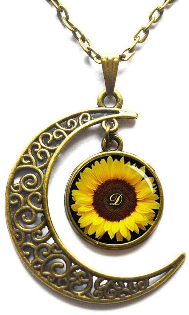Crescent Moon Necklace,Sunflower Pendant , Yellow Sunflower Necklace , Sunflower Jewelry ,Spring Jewelry, Yellow Flower Gift Idea for Friends , Family