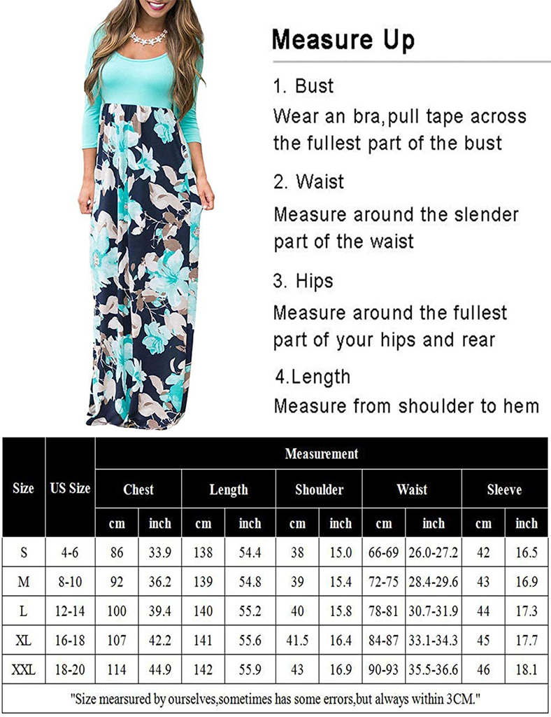 DUNEA Women's Maxi Dress Floral Printed Autumn 3/4 Sleeve Casual Tunic Long Maxi Dress