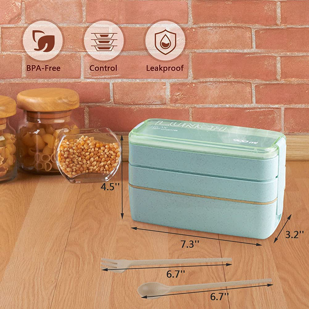 Bento Box for Kids Lunch Boxes Adults 3-In-1 Meal Prep Container, 900ML Janpanese Lunch Box with Compartment, Wheat Straw, Leak-proof, Spoon & Fork BPA-free - Beige+Green