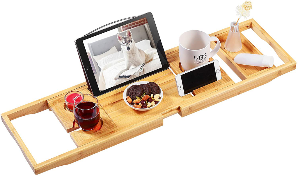 Bamboo Bathtub Caddy Tray, Expandable Bath Tray for Tub with Upgraded Wine Slots and Book Holder - Ideal for One or Two Person Use