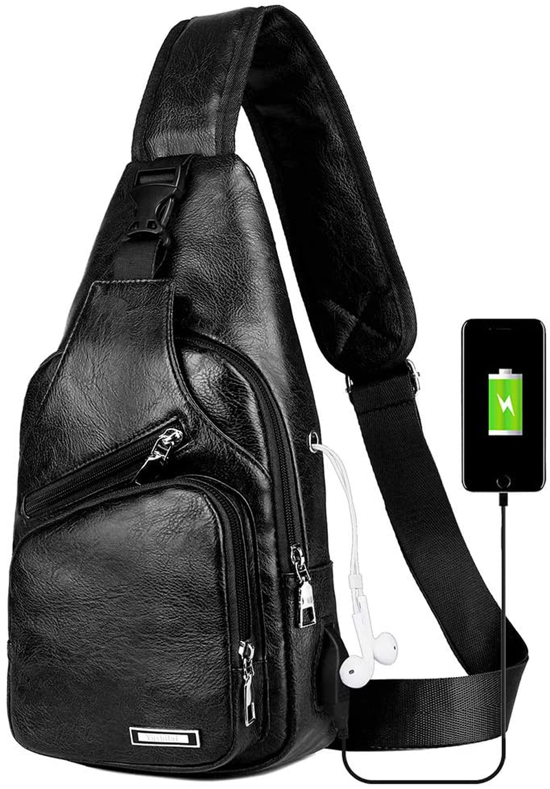 amazon mens leather backpacks Peicees Leather Sling Bag w/ USB Charge Chest Crossbody Backpack Daypa –  MODAndME