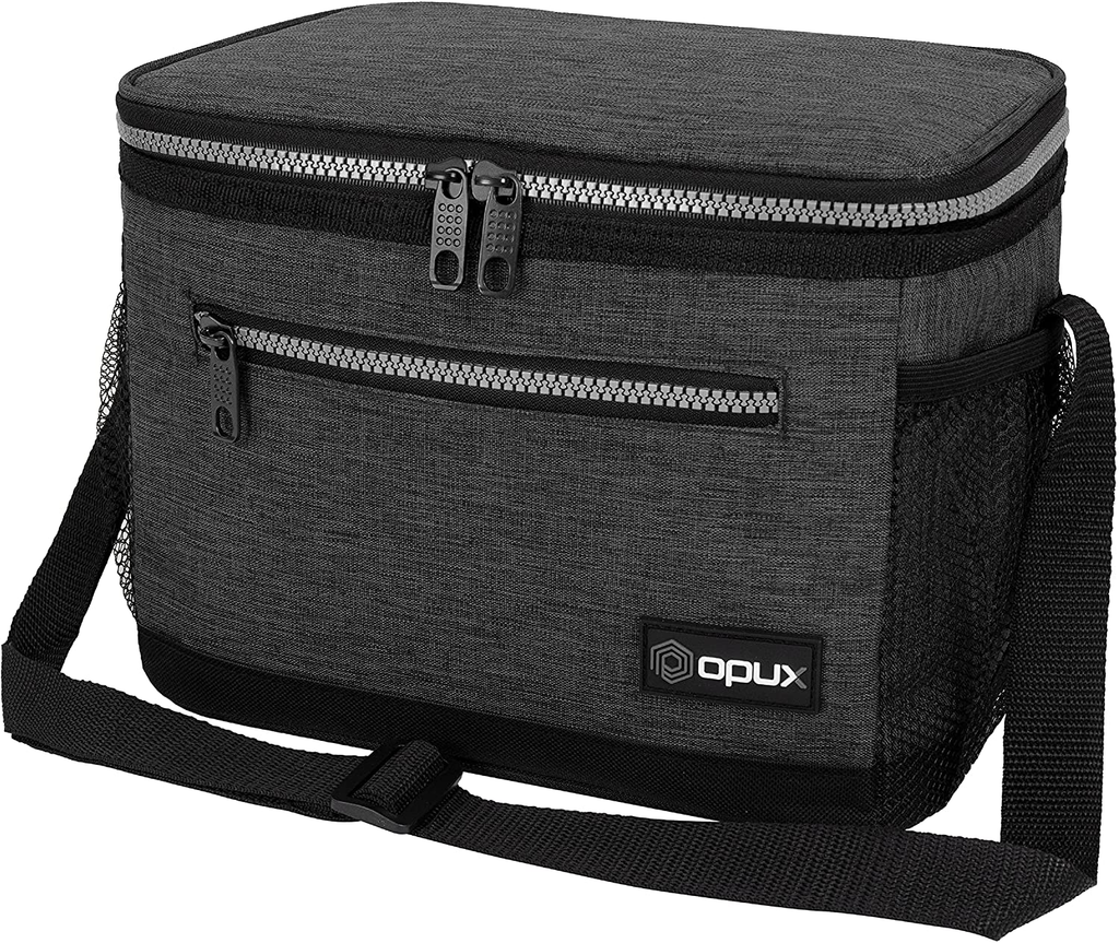 OPUX Insulated Lunch Box for Men Women, Leakproof Thermal Lunch Bag for Work, Reusable Lunch Cooler Tote, Soft School Lunch Pail with Shoulder Strap, Pockets, 14 Cans, 8L, Dark Grey Charcoal