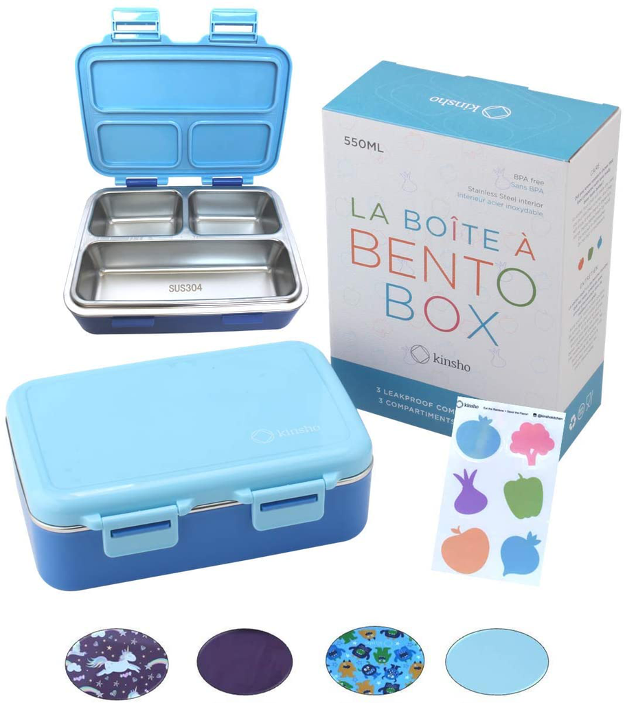 Stainless Steel Bento Lunch Box for Kids Toddlers Baby Boys, 3 Insulated Eco Metal Portion Sections Leakproof Lid, Pre-School Daycare Lunches and Snack Container, Blue