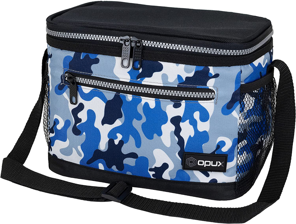 OPUX Insulated Lunch Box for Men Women, Leakproof Thermal Lunch Bag for Work, Reusable Lunch Cooler Tote, Soft School Lunch Pail for Kids with Shoulder Strap, Pockets, 14 Cans, 8L, Camo Blue