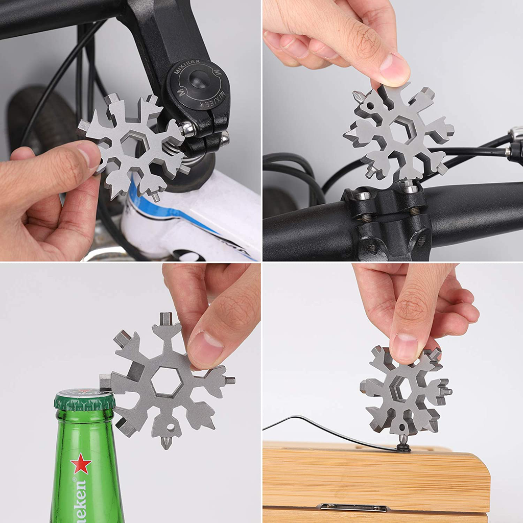 18-In-1 Snowflake Multi Tool,Function Stainless Steel Bottle Opener/Wrench, Flat Cross Screwdriver Kit Snowflake, Outdoor Durable and Portable,Great Christmas Gift for Mens (Sliver)