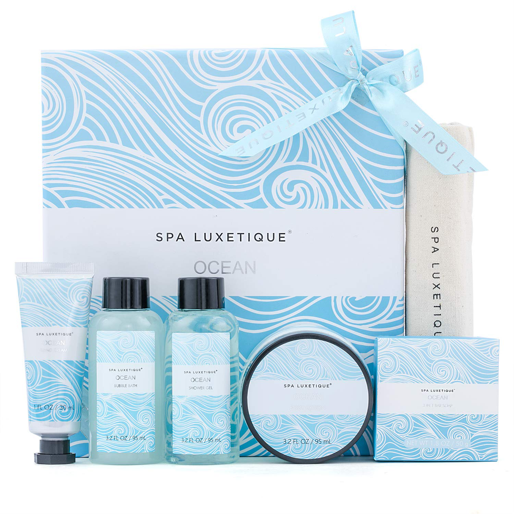 Spa Luxetique Spa Gift Baskets for Women - Relaxing Spa Basket, Ocean Bath and Body Spa Kit, Includes Body Lotion, Shower Gel, Bubble Bath, Hand Cream, Travel Bag. Christmas Gifts, 6 Pcs