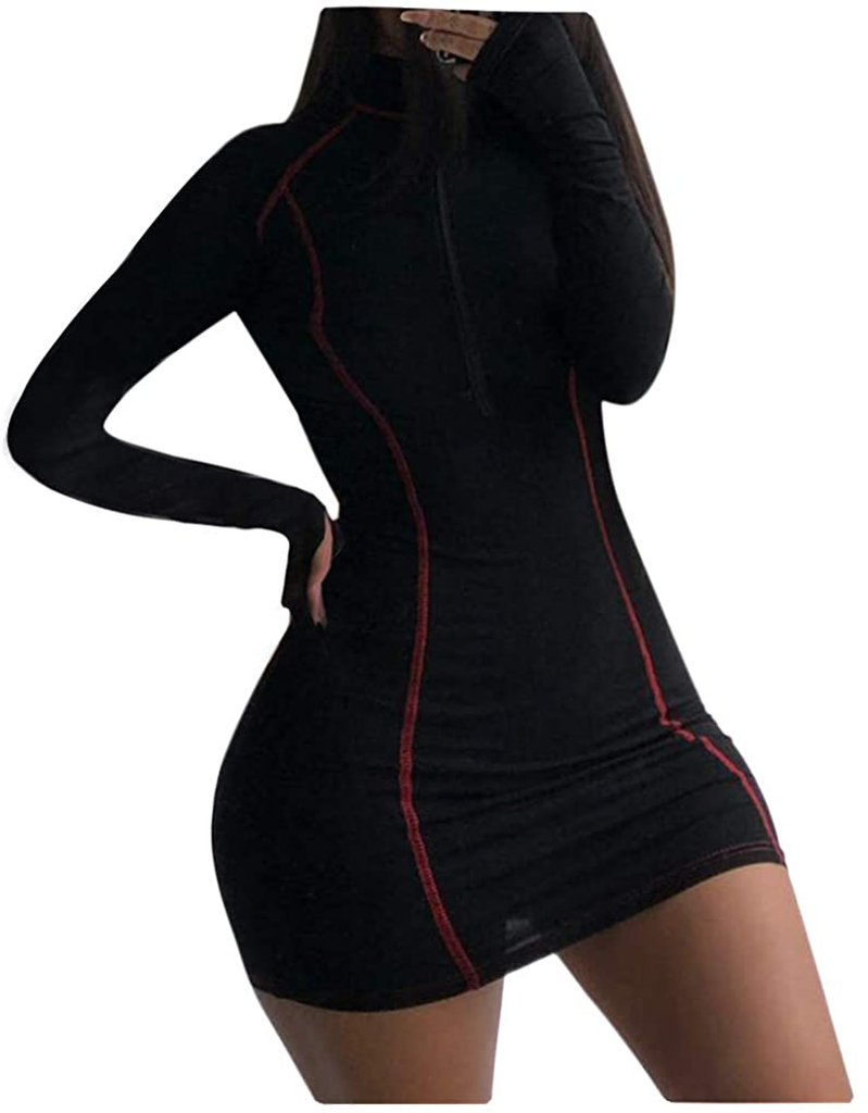 XLLAIS Women Long Sleeve Bodycon Dress with Zipper High Neck Cotton Outfits Fitness Mini Dresses