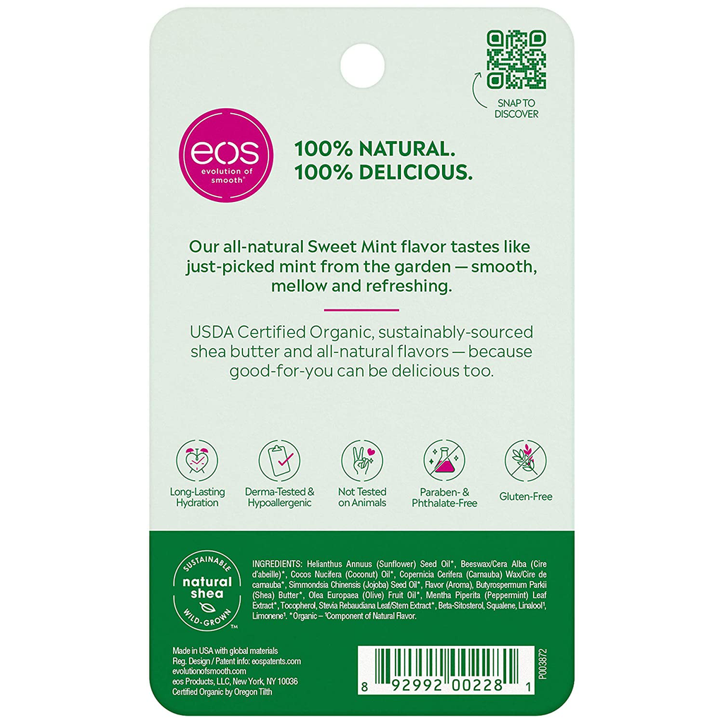 Eos USDA Organic Lip Balm - Vanilla Bean | Lip Care to Nourish Dry Lips | 100% Natural and Gluten Free | Long Lasting Hydration | 0.25 Oz