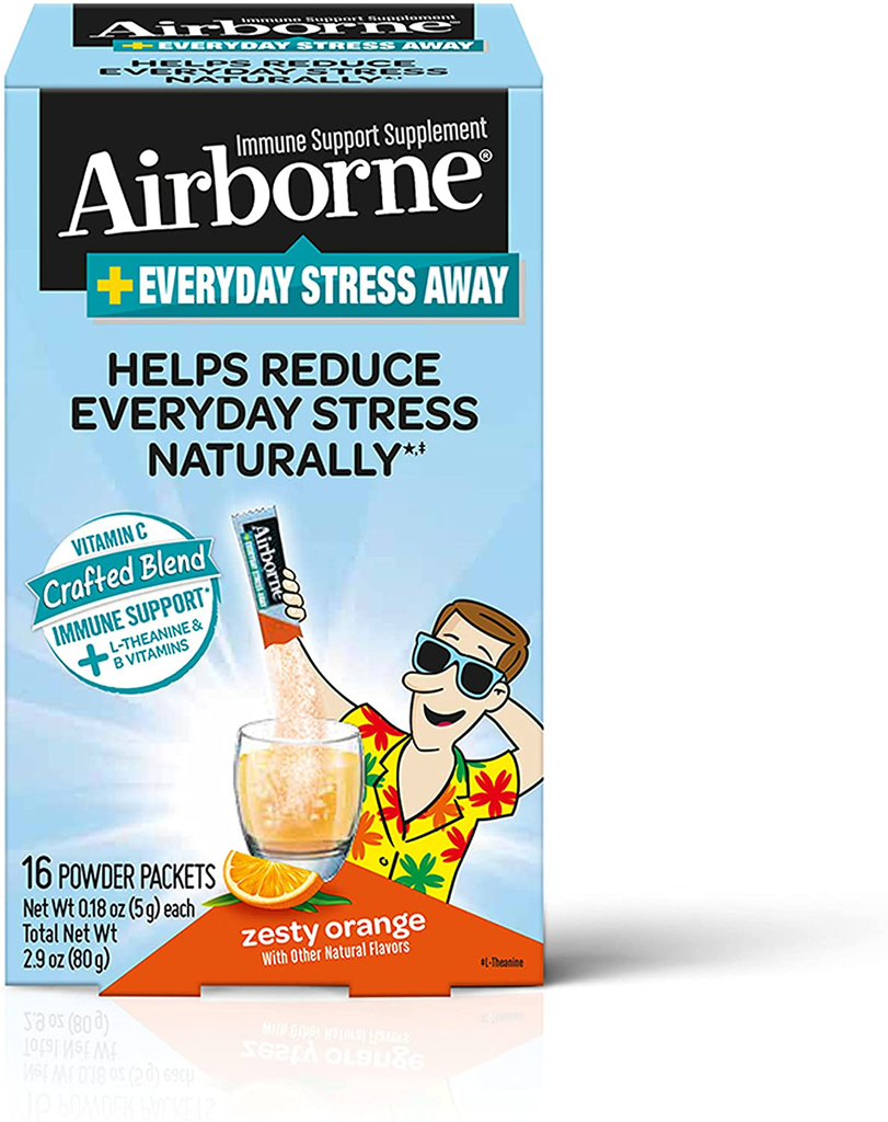 Airborne Vitamin C 1000mg (per serving) + L-Theanine - Everyday Stress Away Zesty Orange Powder Packet, (16 count in box), Immune Support Supplement With Vitamins A B6 B12 C E, ZINC, Selenium & Ginger