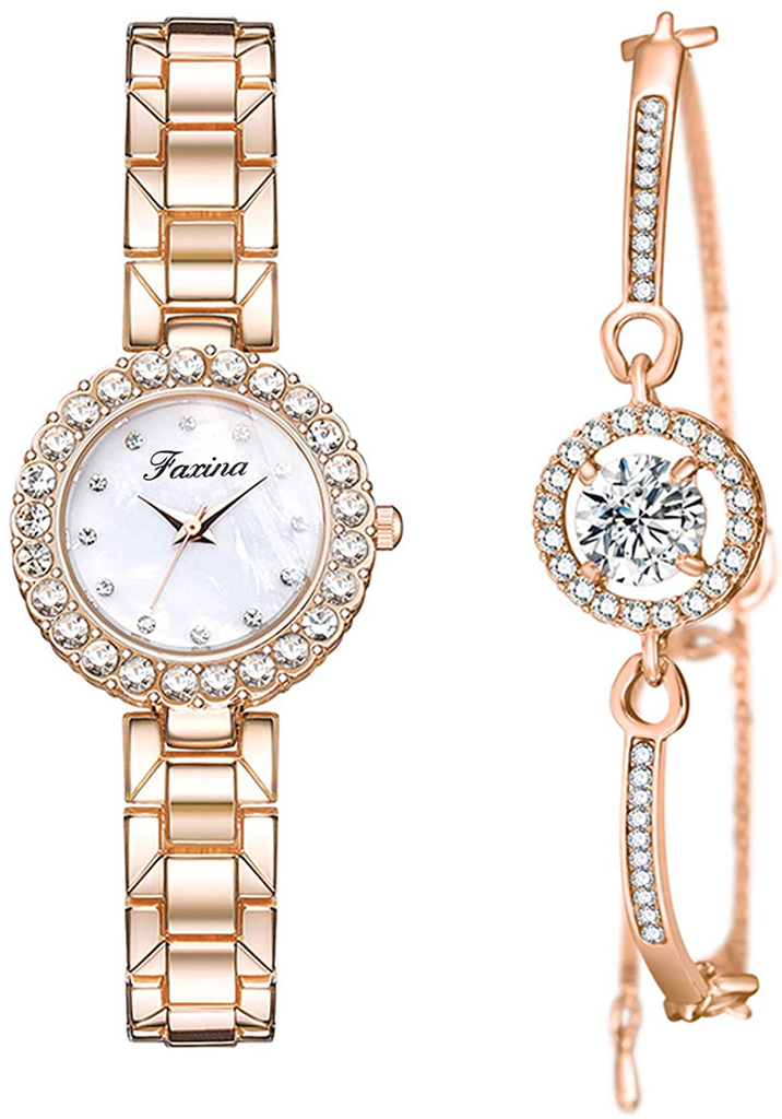 Clastyle Elegant Watch and Bracelet Set for Women Rose Gold Rhinestone Wrist Watch with Bangles Mother of Pearl Ladies Bracelet Watches