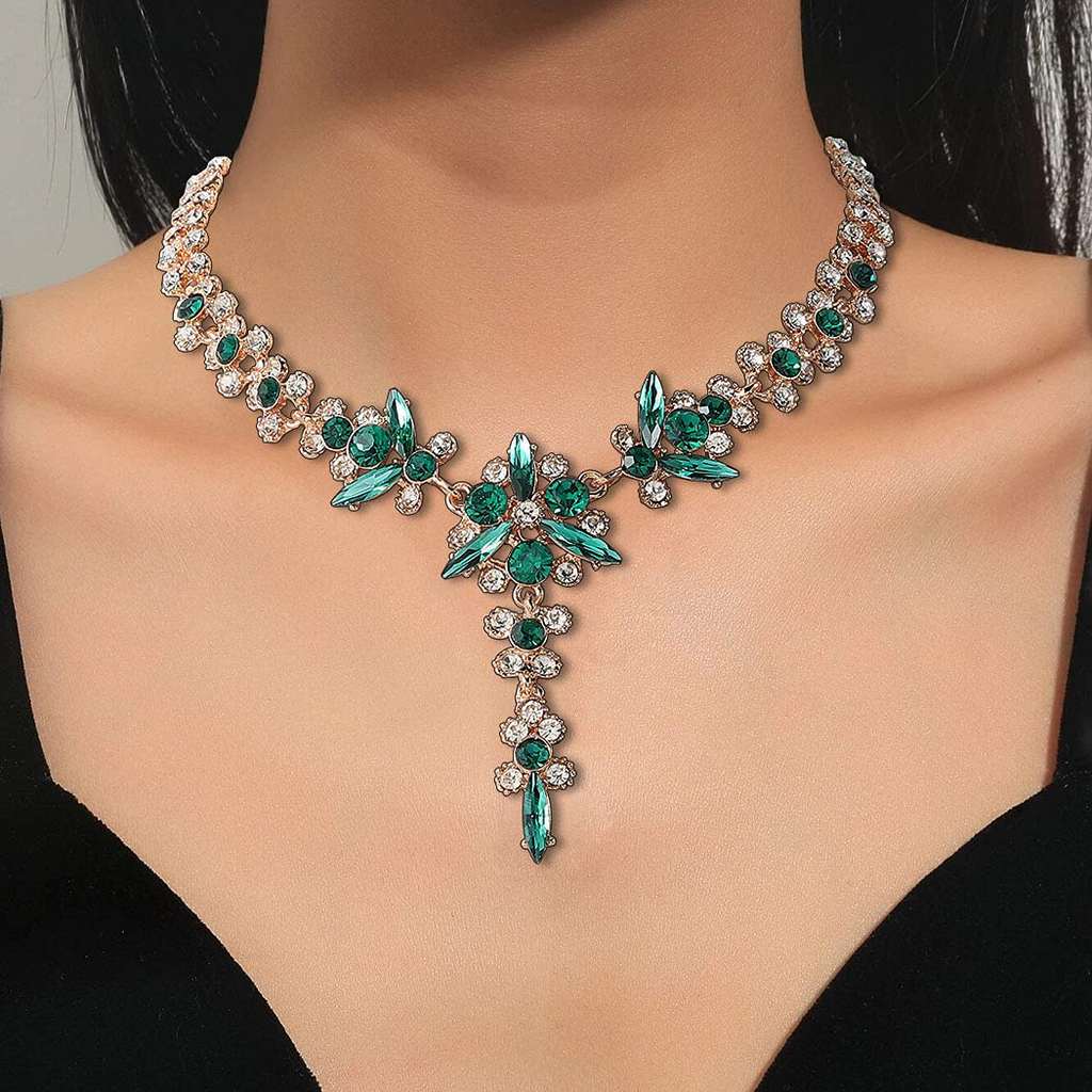 Unicra Bride Necklace Earrings Set Crystal Bridal Wedding Jewelry Sets Rhinestone Choker Necklace Prom Costume Jewelry for Women and Girls (Green)