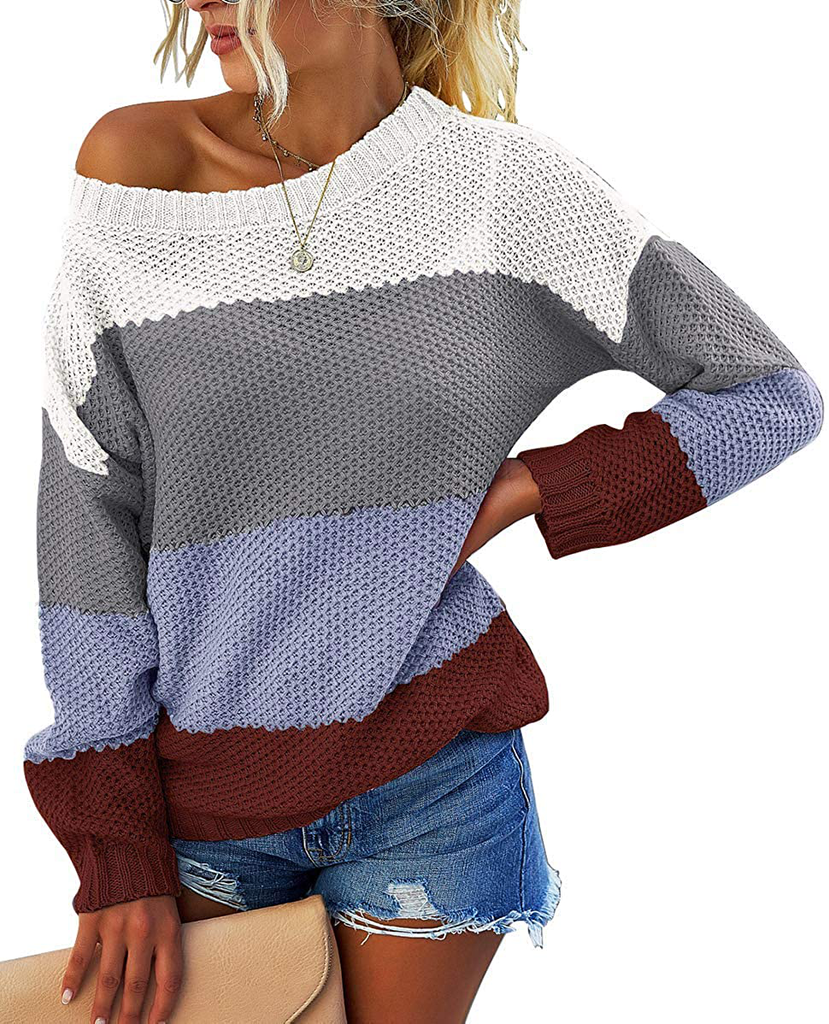 MEROKEETY Women's Crew Neck Long Sleeve Color Block Knit Sweater Casual Pullover Jumper Tops