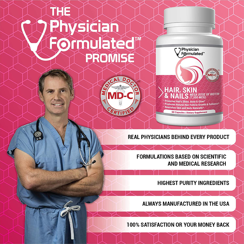 Physician Formulated Healthy Hair Skin and Nails Vitamins for Men and Women - 7500 Mcg Biotin, Amino Acids, Collagen and Hyaluronic Acid - 60 Capsules