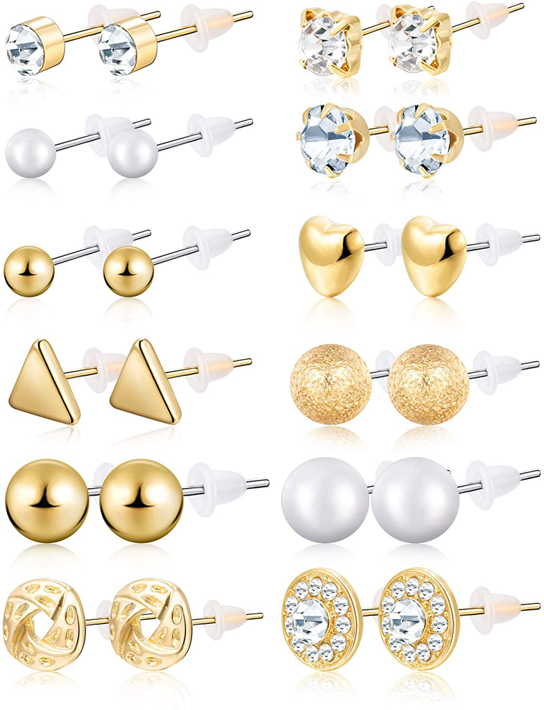 BBTO 24 Pairs Stud Earrings Crystal Pearl Earring Set Ear Stud Jewelry for Girls Women Men, Silver and Gold