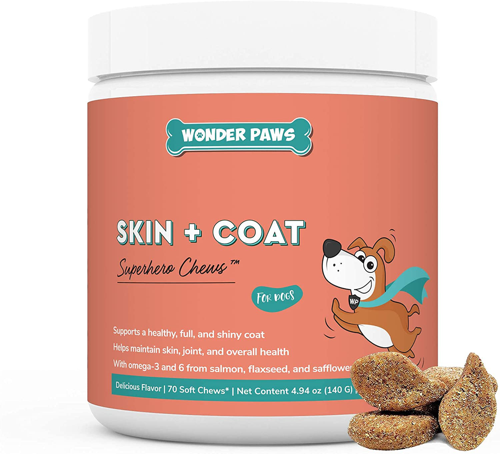 Wonder Paws Skin & Coat Supplement for Dogs with Salmon Oil, Omega 3 & 6, EPA & DHA, Promotes Healthy Skin and Coat, Itchy Relief, Joint and Overall Health, Delicious Flavor, 70 skin & coat Soft Chews