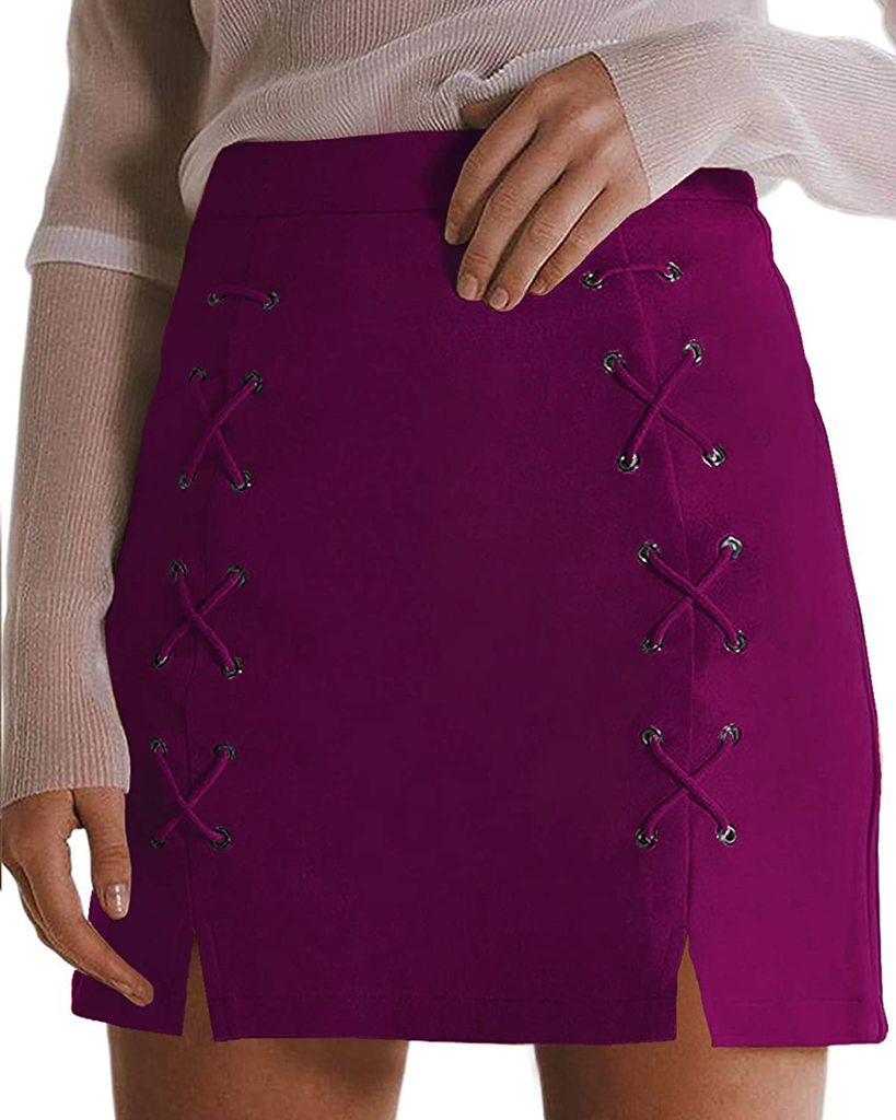 MANGOPOP Women's Classic High Waist Lace Up Bodycon Faux Suede A Line Mini Pencil Skirt