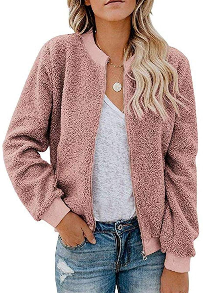 MIROL Women's Sherpa Fleece Jacket Faux Fuzzy Long Sleeve Casual Zip Up Bomber Coat