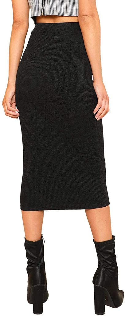 SheIn Women's Elegant Plain Stretchy Ribbed Knit Midi Full Length Basic Pencil Skirt