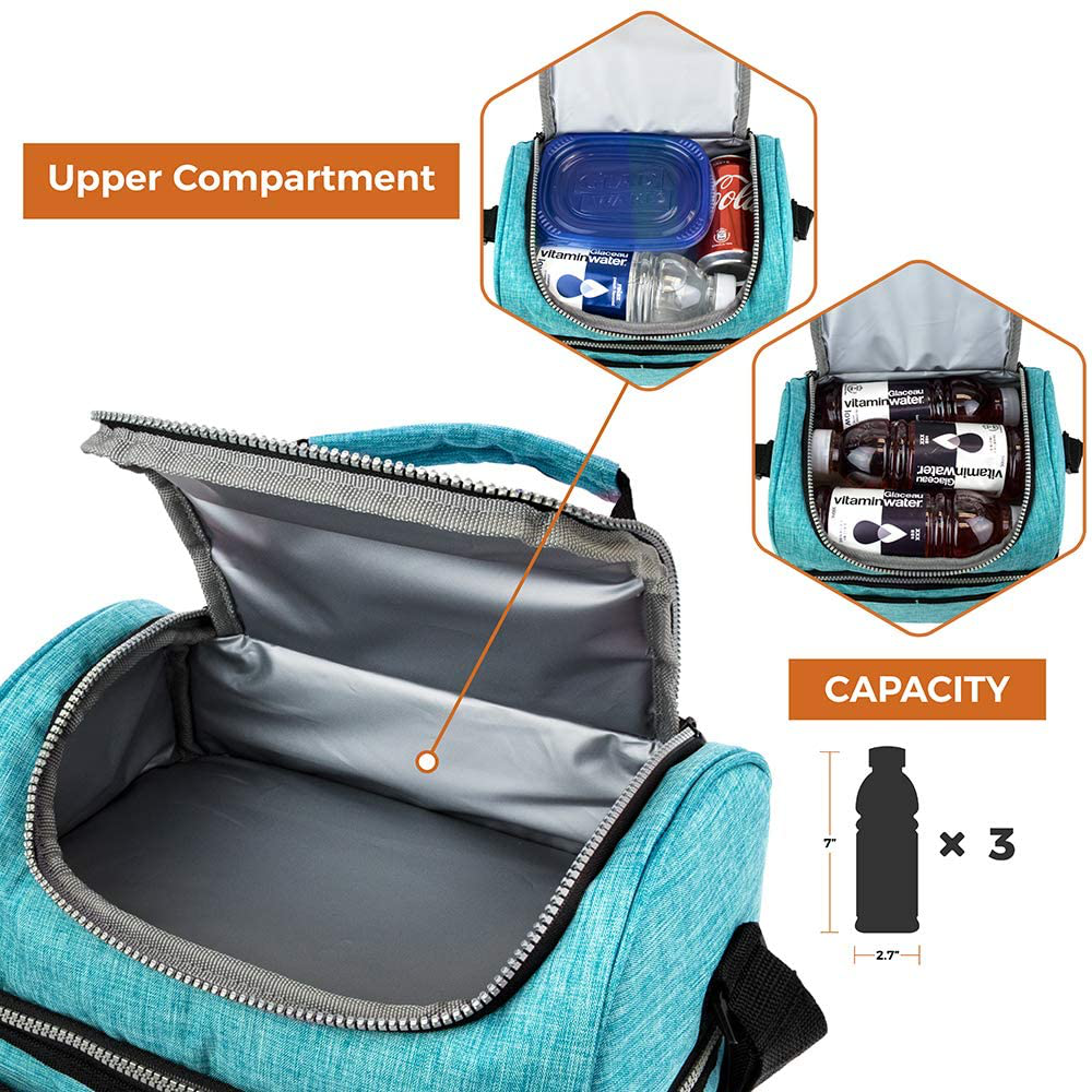 Opux Insulated Dual Compartment Lunch Bag for Women, Ladies | Double Deck Reusable Lunch Box Cooler with Shoulder Strap, Leakproof Liner | Medium