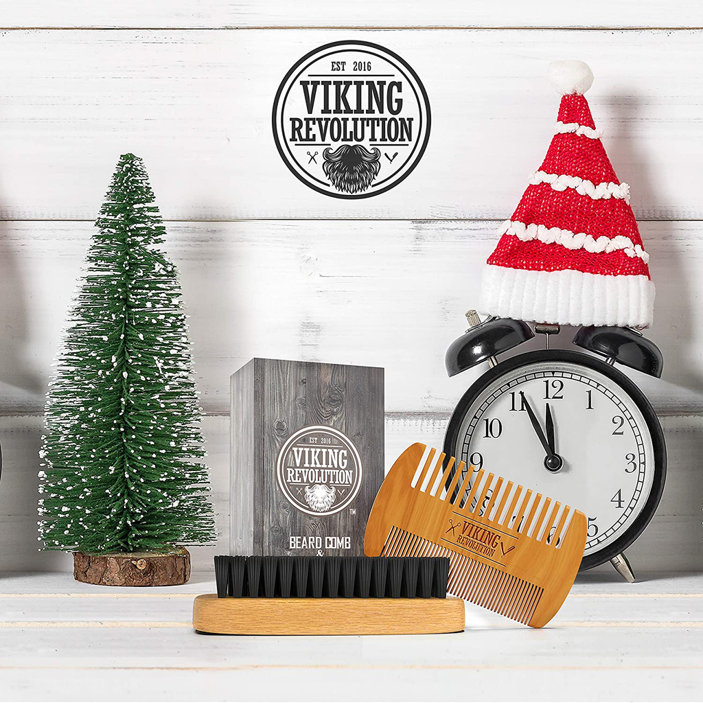 Viking Revolution Beard Comb & Beard Brush Set for Men - Natural Boar Bristle Brush and Dual Action Pear Wood Comb W/Velvet Travel Pouch - Great for Grooming Beards and Mustaches