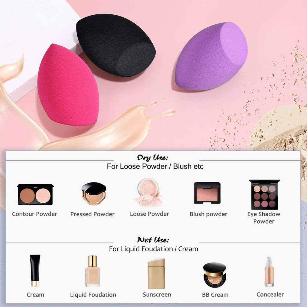 Makeup Sponges, Larbois 3-Pack Blender Beauty Foundation Blending Sponge, Professional Beauty Makeup Set for Dry & Wet Use (Oblique, Red+Black+Purple)
