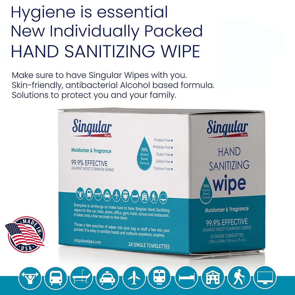 TRAVEL WIPES - 100 Count Individually Packed Premium Hand Sanitizing Wipes for Travel, Home, Office, School, Etc. with Fragrance and Moisturizer - Manufactured in USA